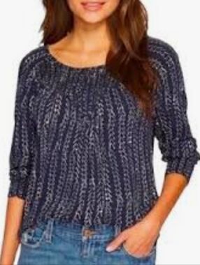 Lucky Brand Navy and White Printed Peasant Top